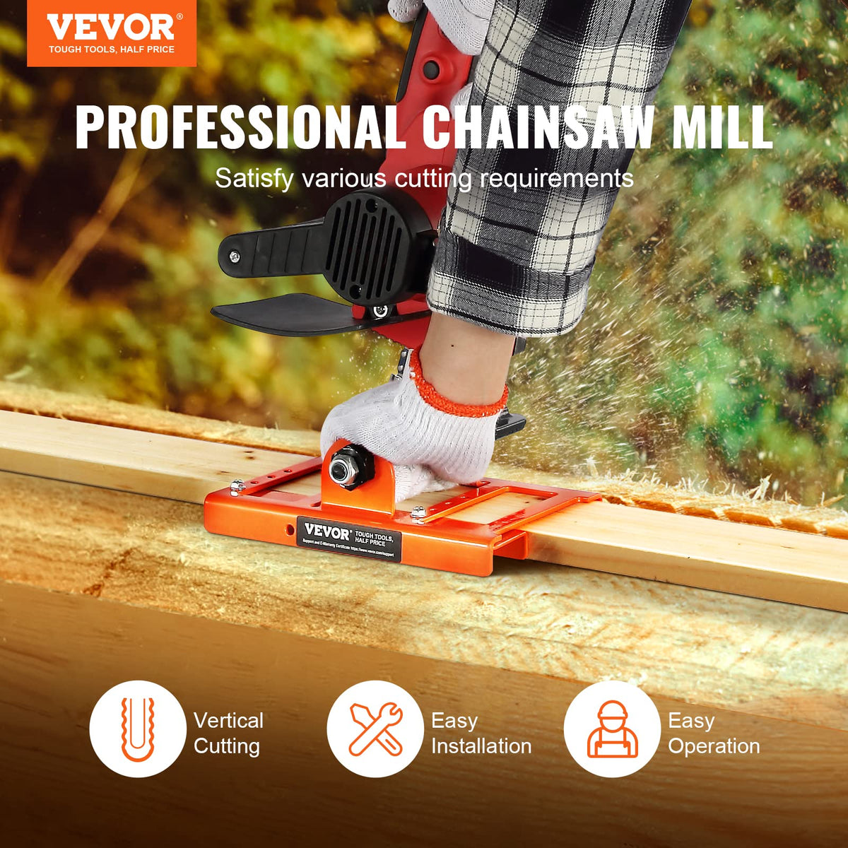VEVOR Chainsaw Mill anti-loosening nuts secure a stable setup.