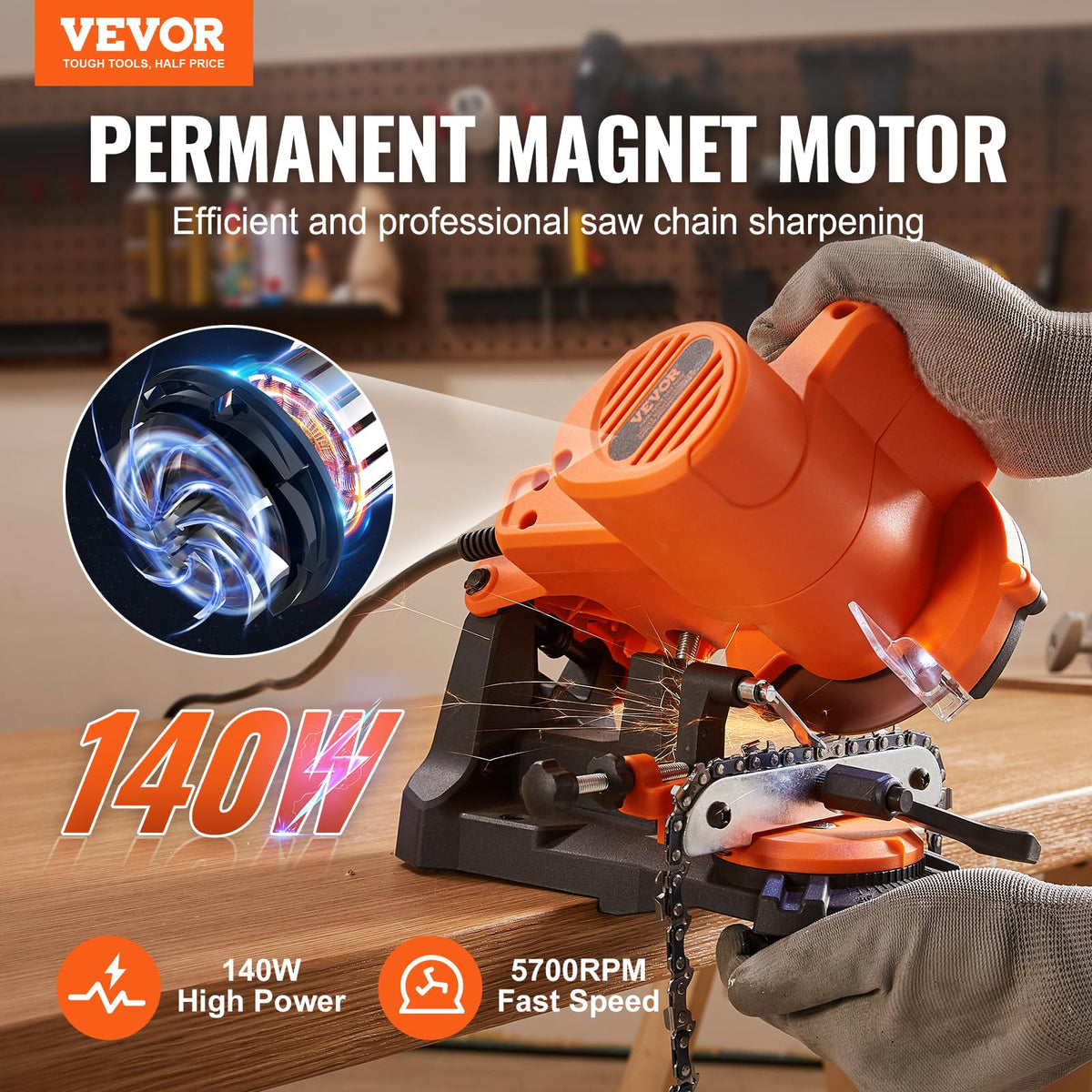 VEVOR sharpener LED light improves visibility during grinding tasks.