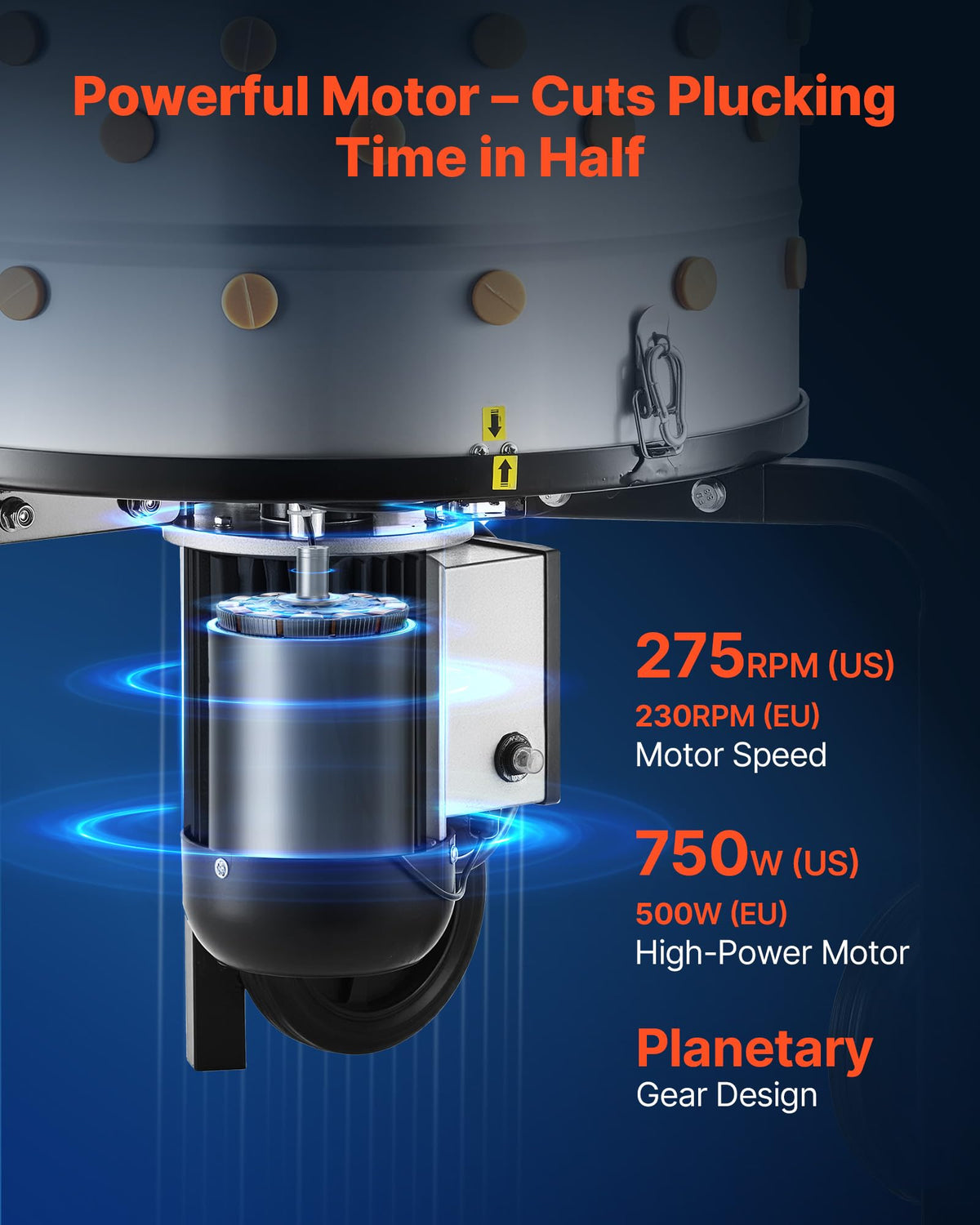 VEVOR 750W motor delivers steady power for high-speed plucking with reduced downtime.