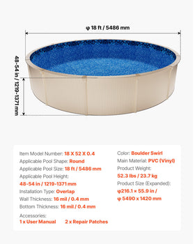 VEVOR chlorine-resistant liner designed for outdoor pool environments