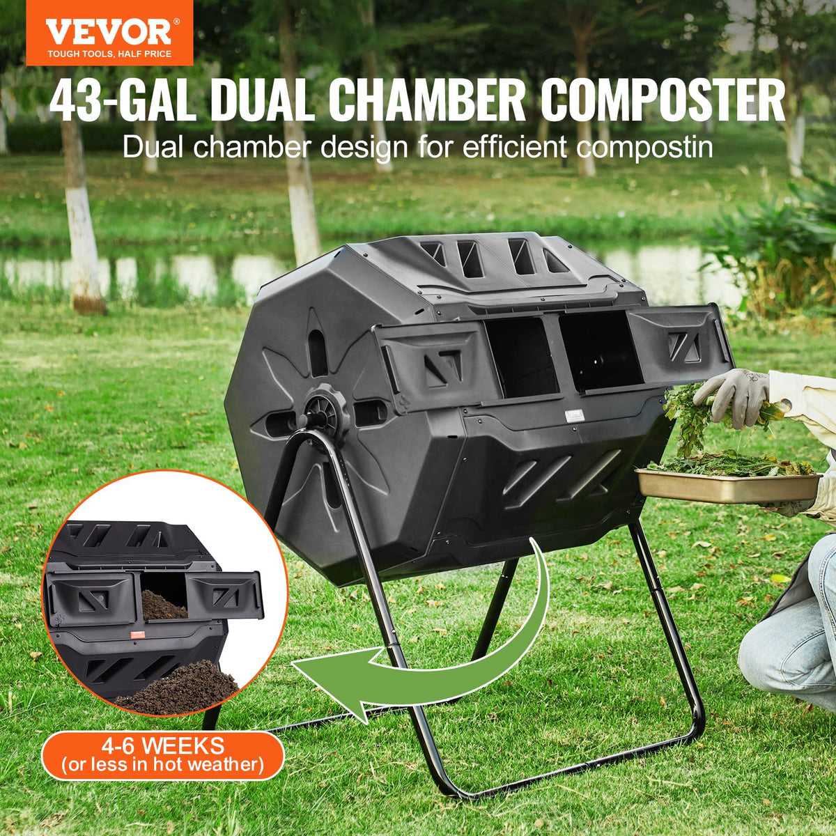 VEVOR compost bin 360-tumble-action for thorough mixing.