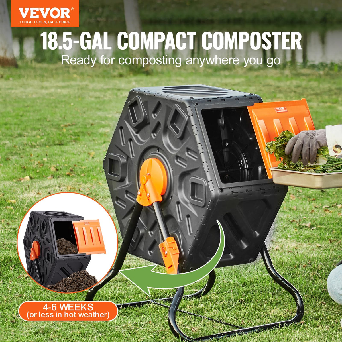 VEVOR 360° tumbling action for thorough mixing and faster composting.