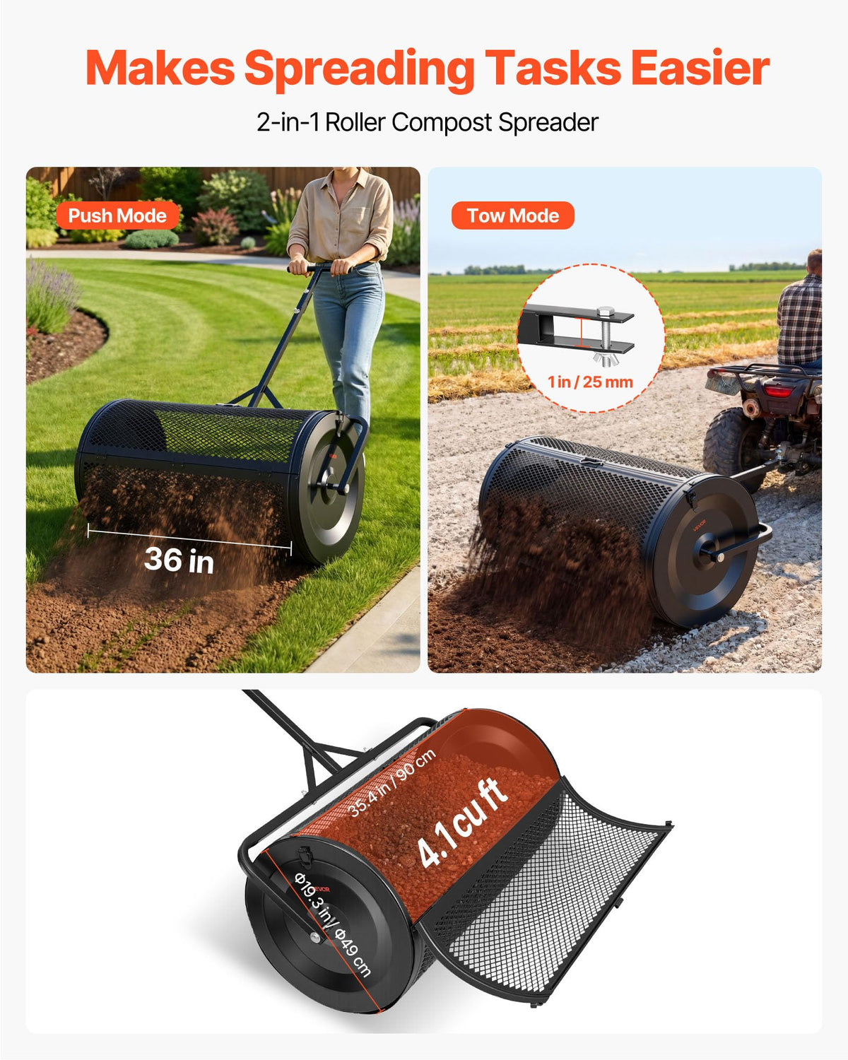 VEVOR compost spreader drum close-up highlighting durable steel drum.