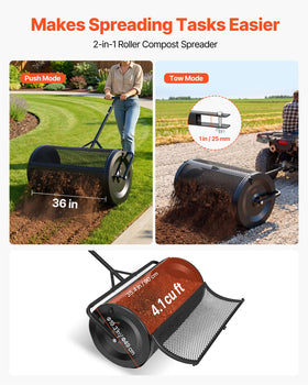 VEVOR compost spreader drum close-up highlighting durable steel drum.
