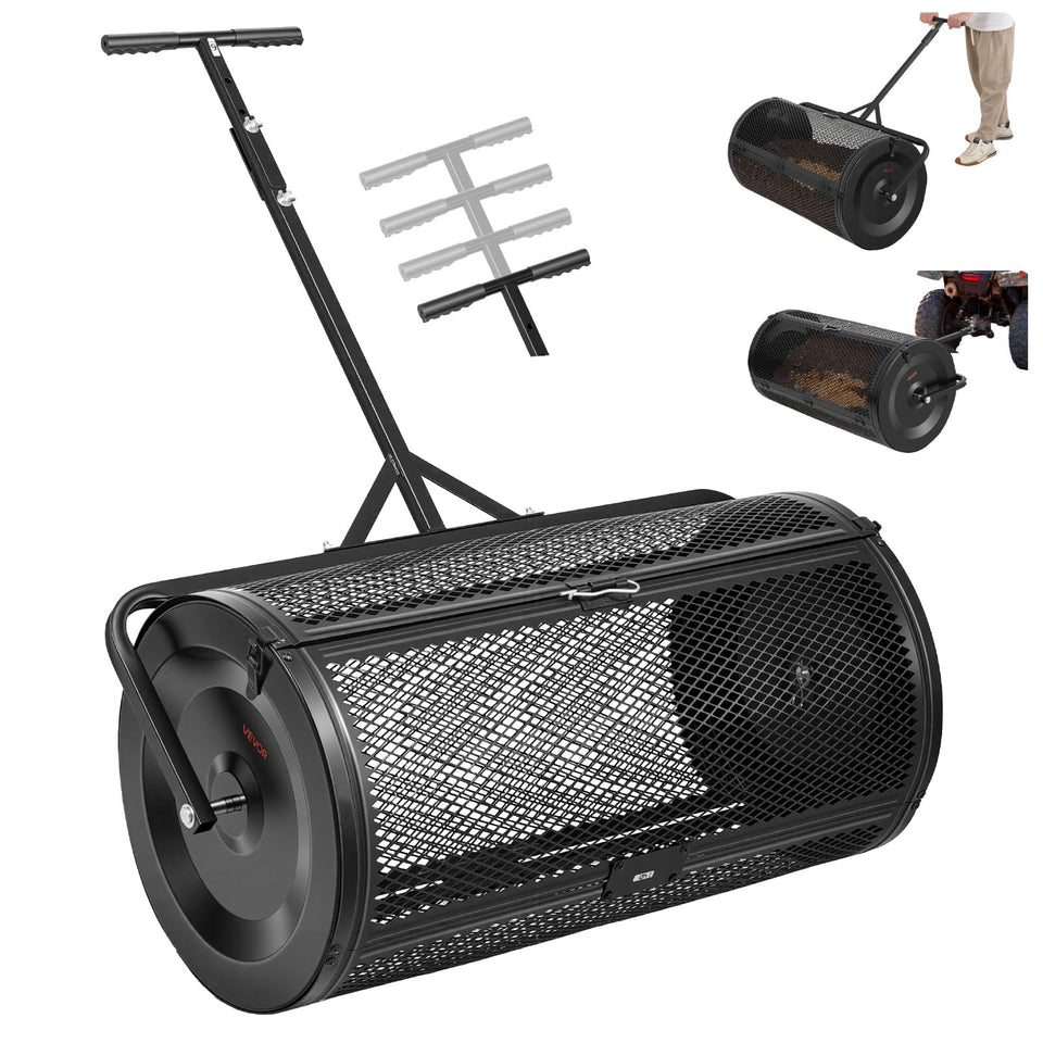 VEVOR compost spreader overview with 36-inch spread for efficient lawn care.