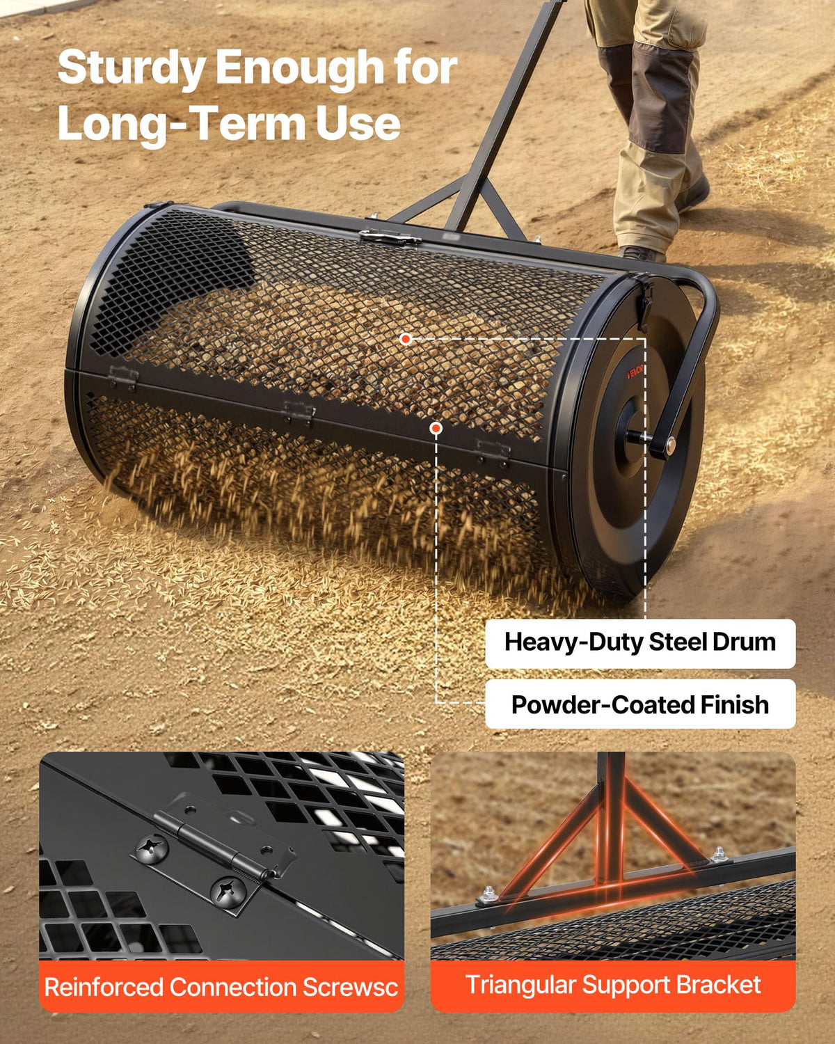 VEVOR compost spreader in use, evenly distributing peat moss.