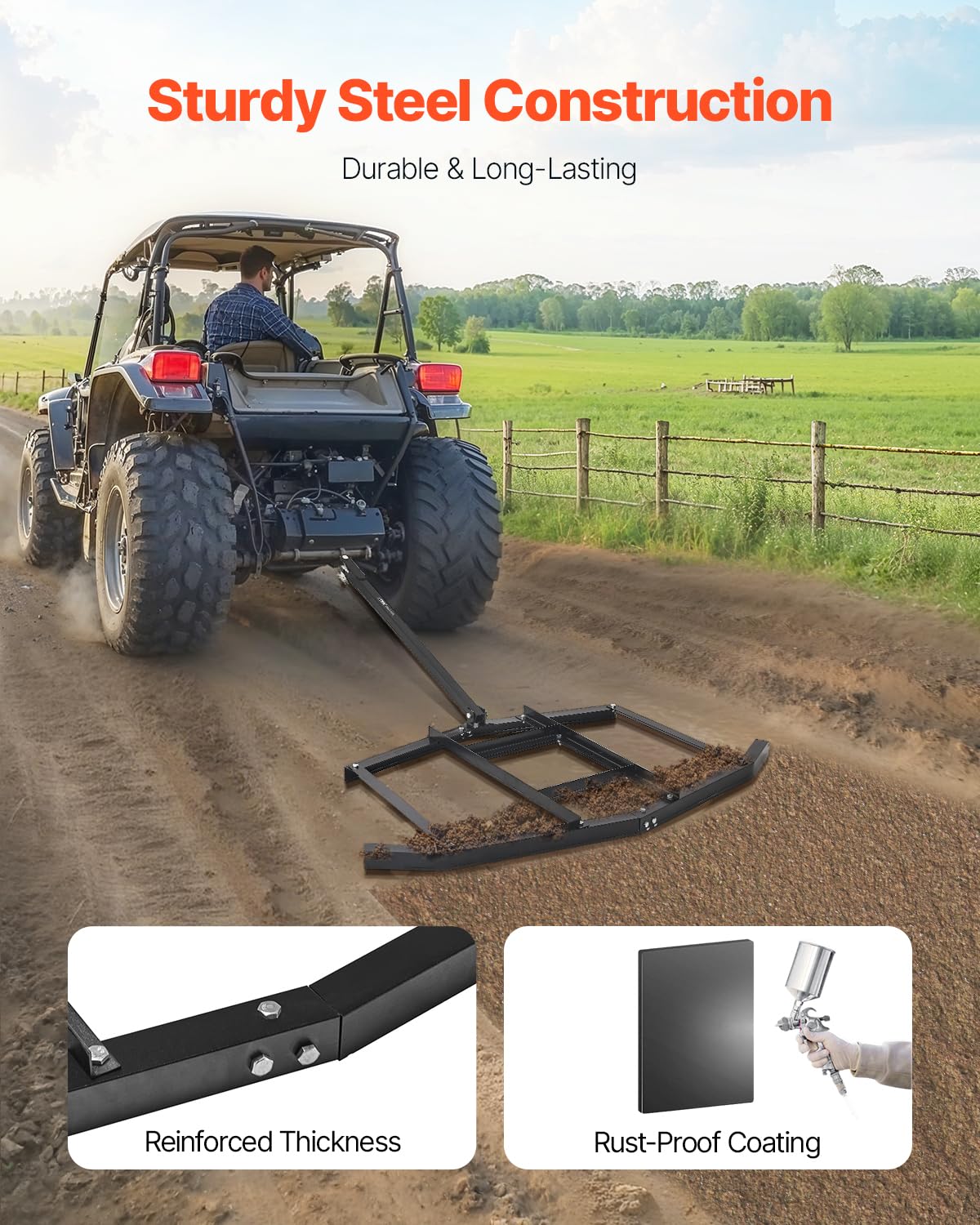 VEVOR drag harrow showing 37-inch pull rod for quick, secure attachment.