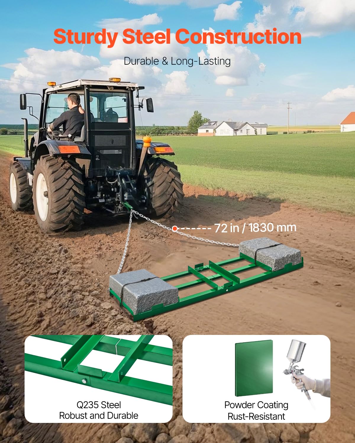 VEVOR Drag Harrow adjustable bars enhance leveling on uneven terrain.
