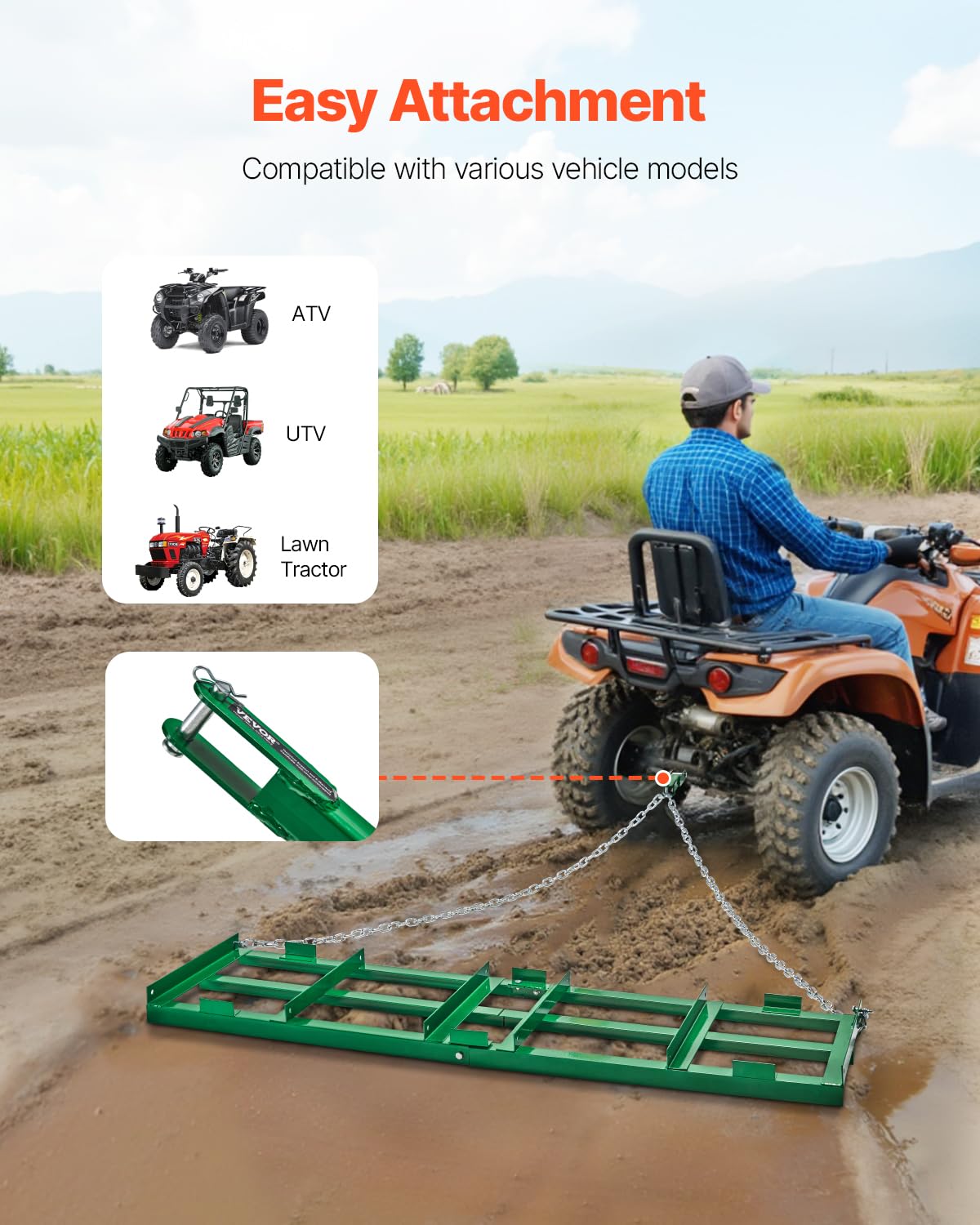 VEVOR Drag Harrow crossbars add weight for smoother soil leveling.