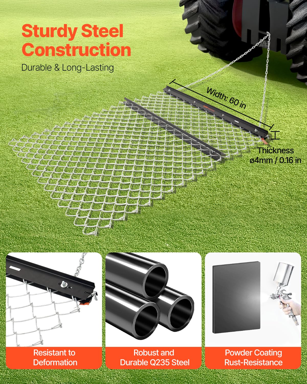 VEVOR drag harrow heavy tray with bricks for enhanced weight and stable leveling.