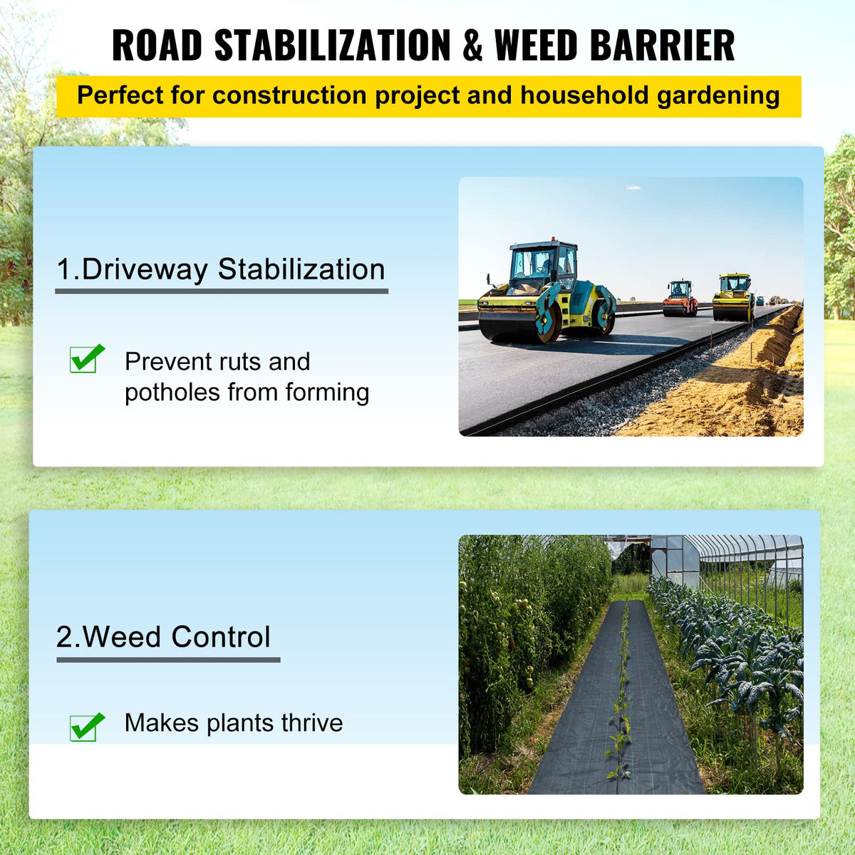 VEVOR Ground fabric stabilizes soil to prevent ruts and potholes.