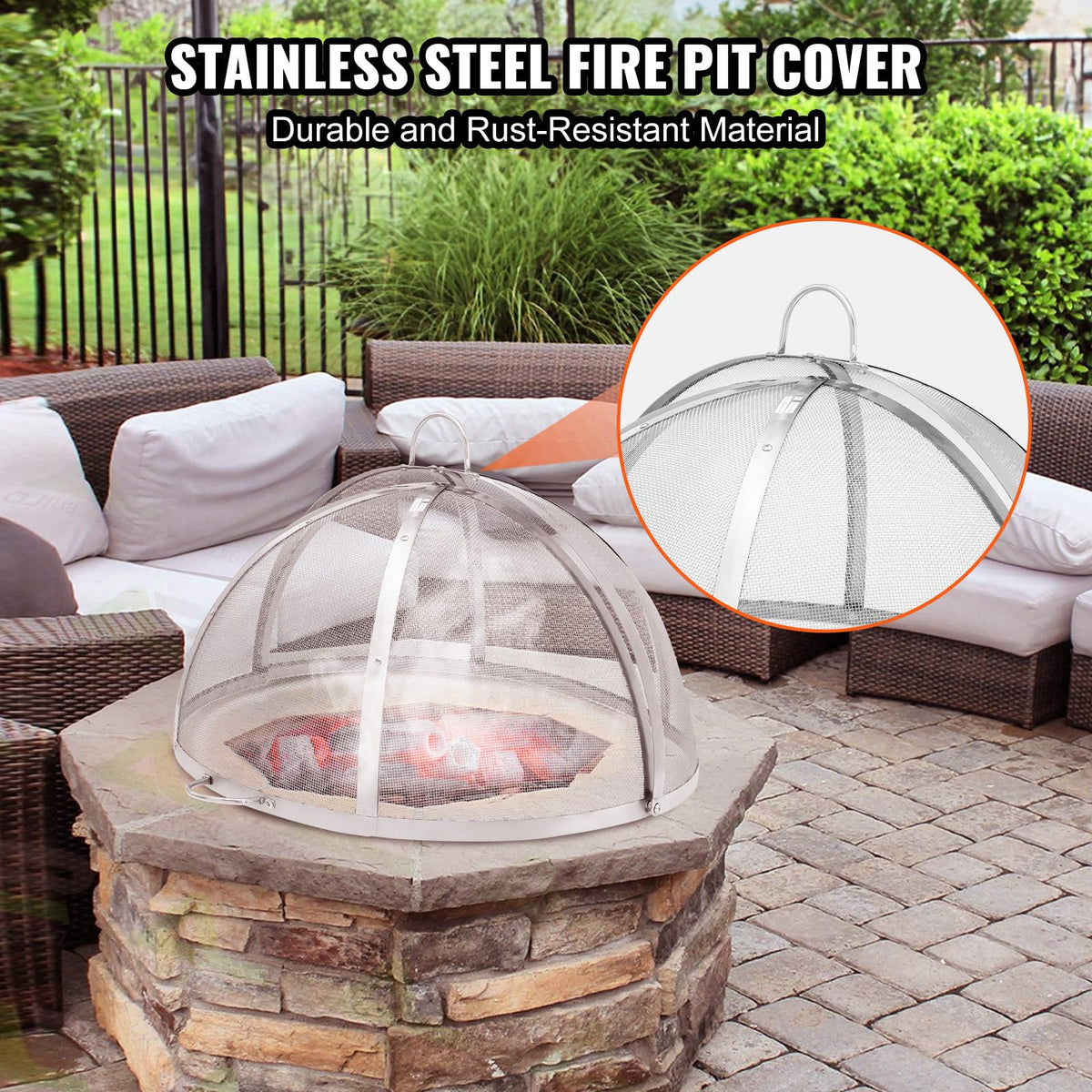 VEVOR round fire pit cover steel offers durable heat resistance for outdoor use