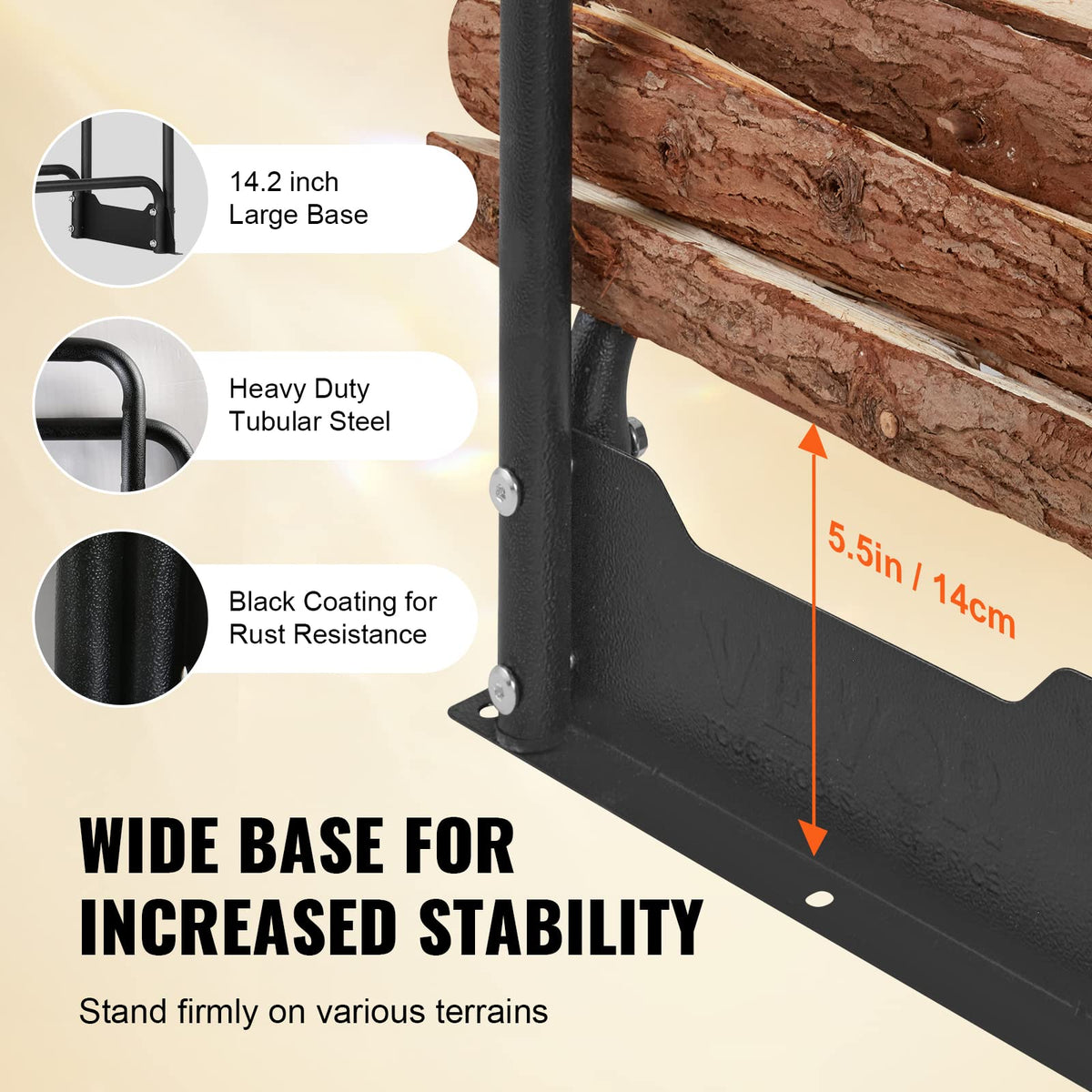 Widened base for stability on VEVOR firewood rack