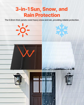 VEVOR fixed metal awning 56-24 side view demonstrates wind-resistant triangle frame in harsh weather