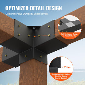 VEVOR four-way pergola bracket close-up-material emphasizes 2mm carbon steel with durable finish.
