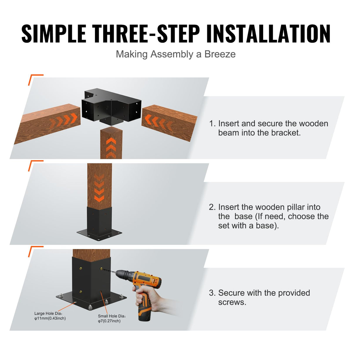 VEVOR four-way pergola bracket post-protection highlights weatherproof shielding.