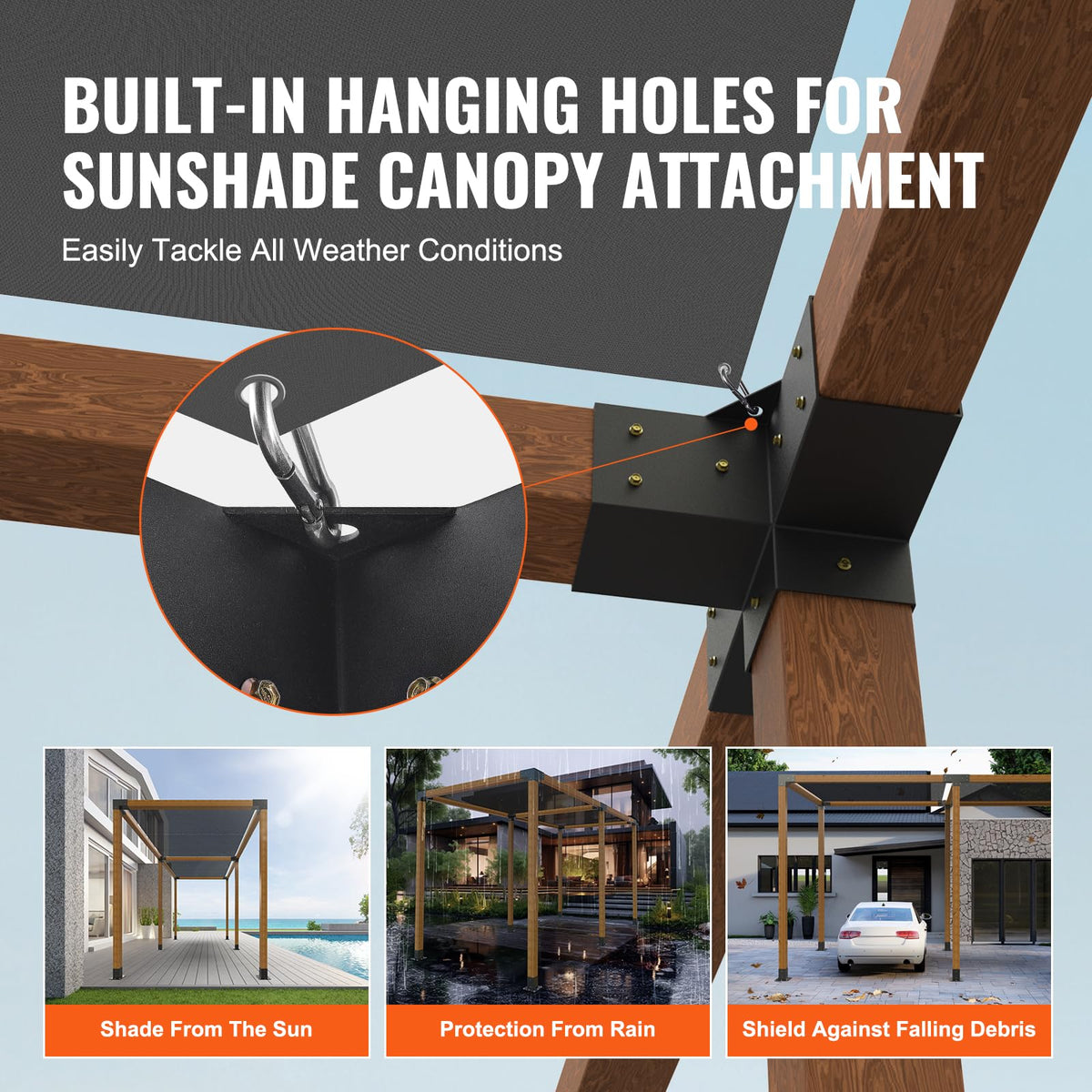 VEVOR four-way pergola bracket screws-pack shows included fasteners for easy DIY installation.