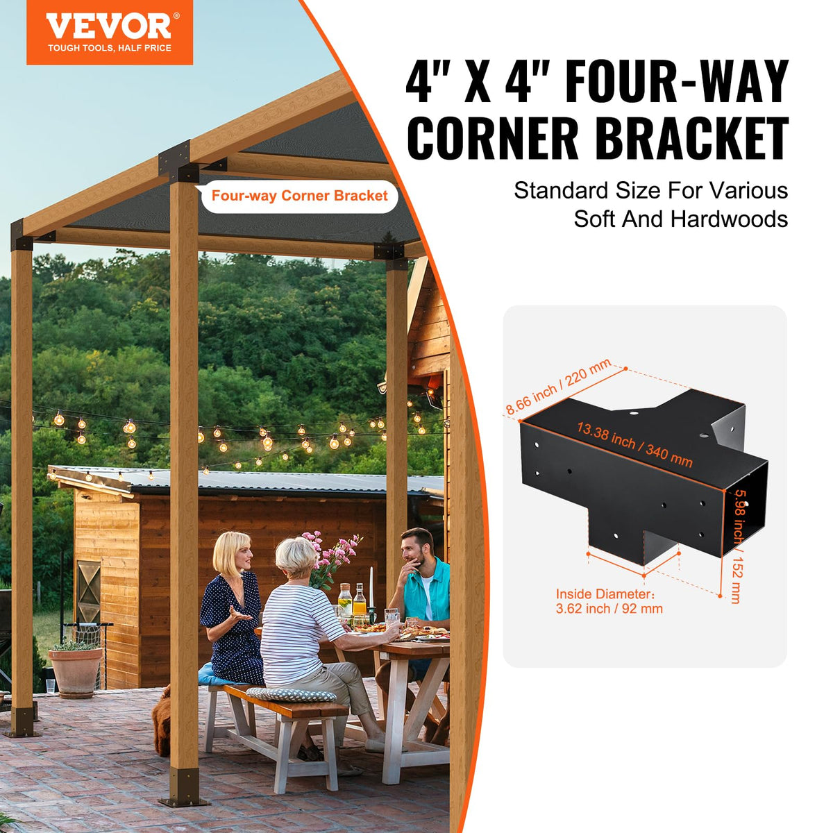VEVOR four-way pergola bracket side-detail highlights powder coating for corrosion resistance.