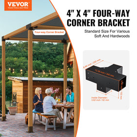 VEVOR four-way pergola bracket side-detail highlights powder coating for corrosion resistance.