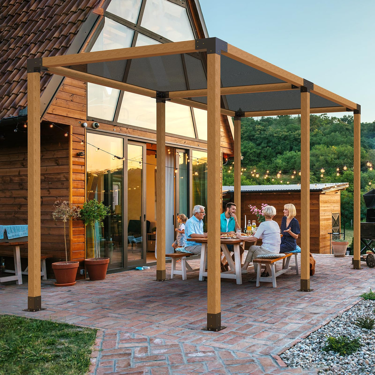 VEVOR four-way pergola bracket assembly-guide image aids step-by-step setup.