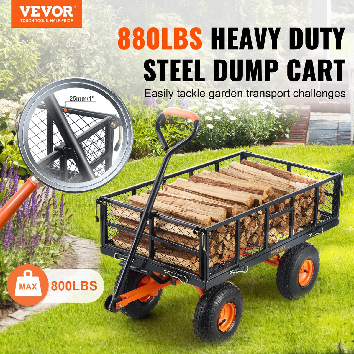 VEVOR front-handle dump frame enables quick unloading and easy control.