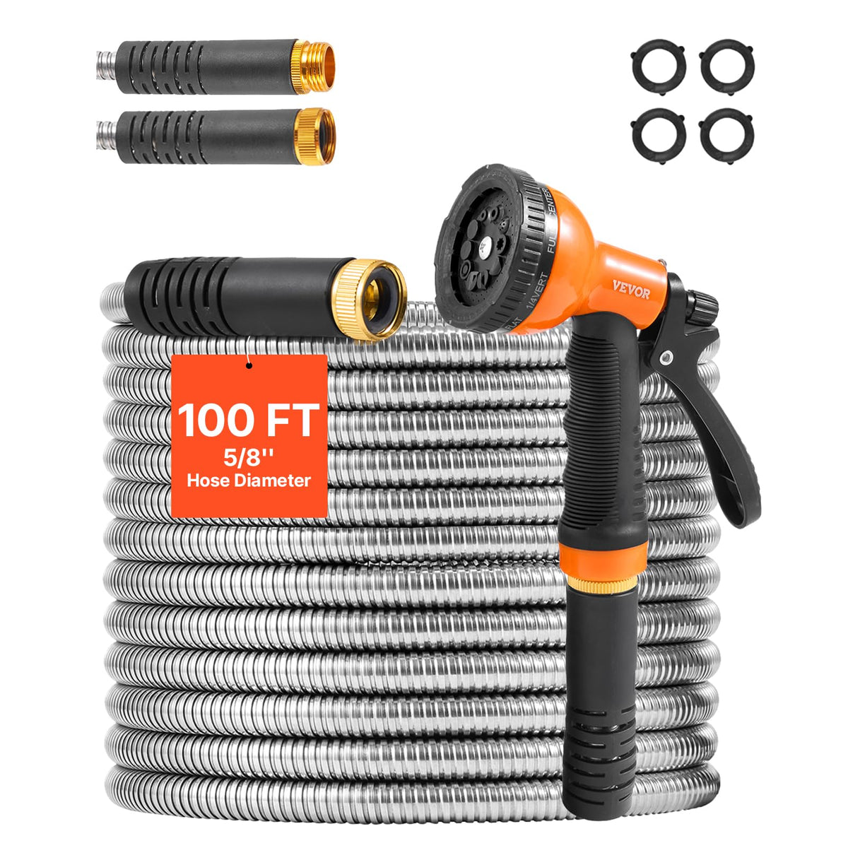 VEVOR Garden Hose Metal 100ft coiled storage shows tangle-free setup for easy watering.