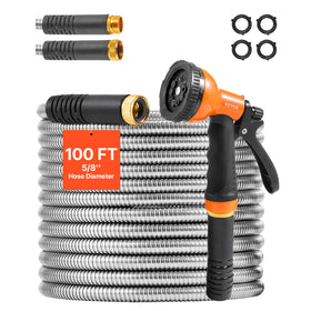 VEVOR Garden Hose Metal 100ft coiled storage shows tangle-free setup for easy watering.