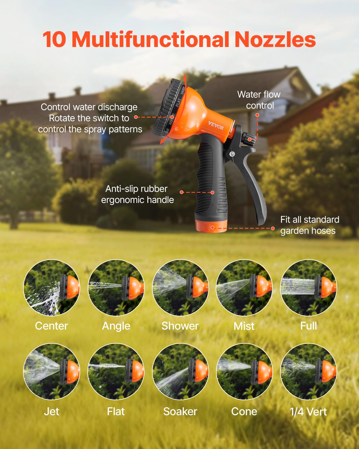 VEVOR garden hose metal 75 ft 10-function nozzle for versatile tasks
