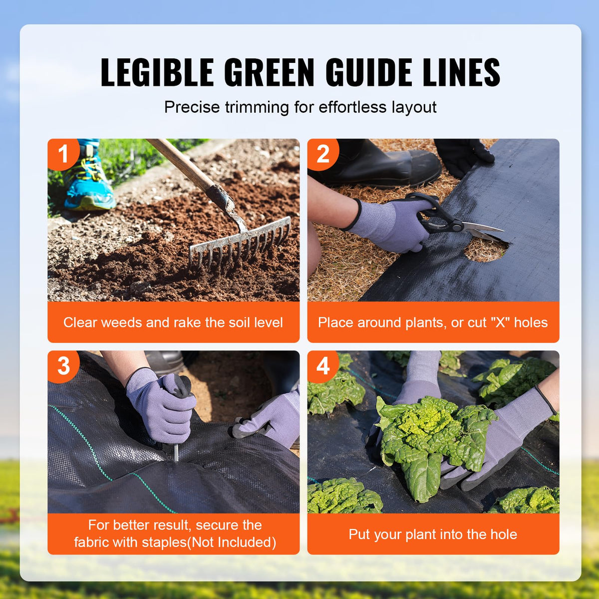VEVOR green stripe alignment lines assist accurate fabric placement in the garden.