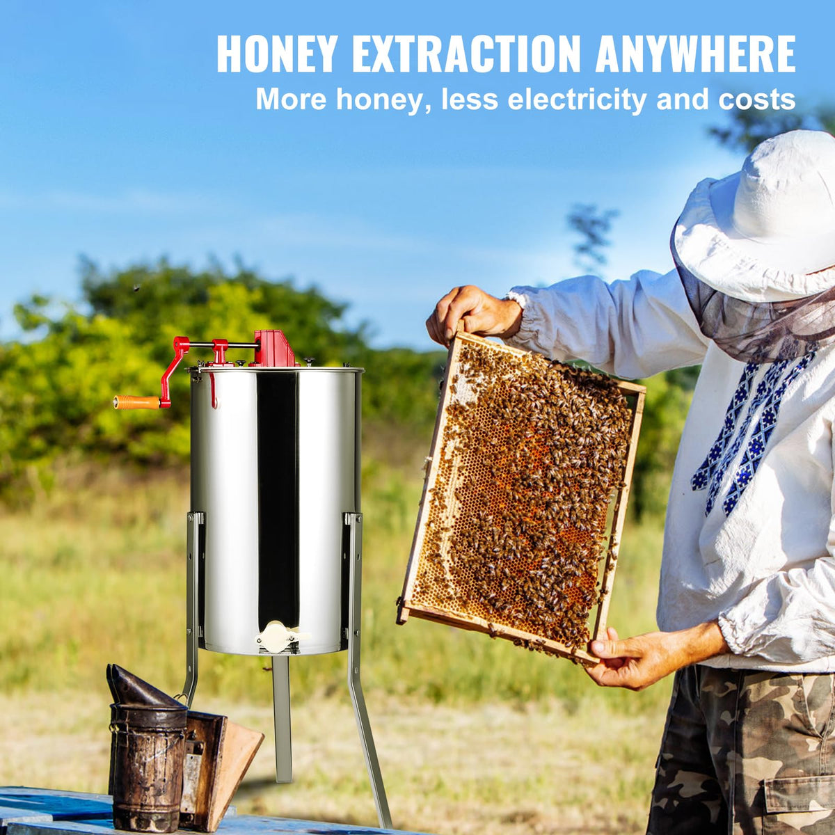 VEVOR honey extractor side view highlighting sturdy stainless steel construction