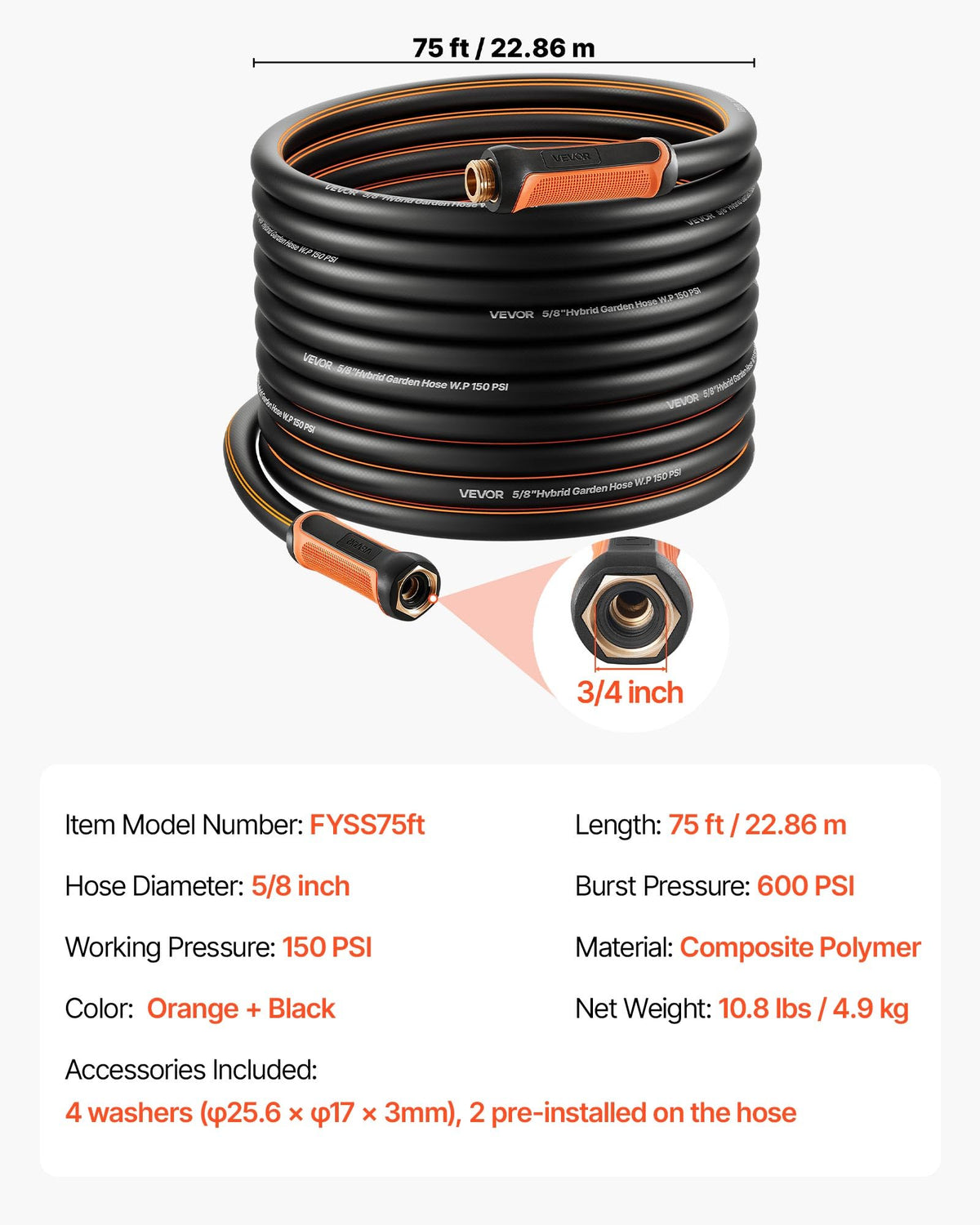 VEVOR 3/4-inch fittings ensure secure connections to standard hydrants