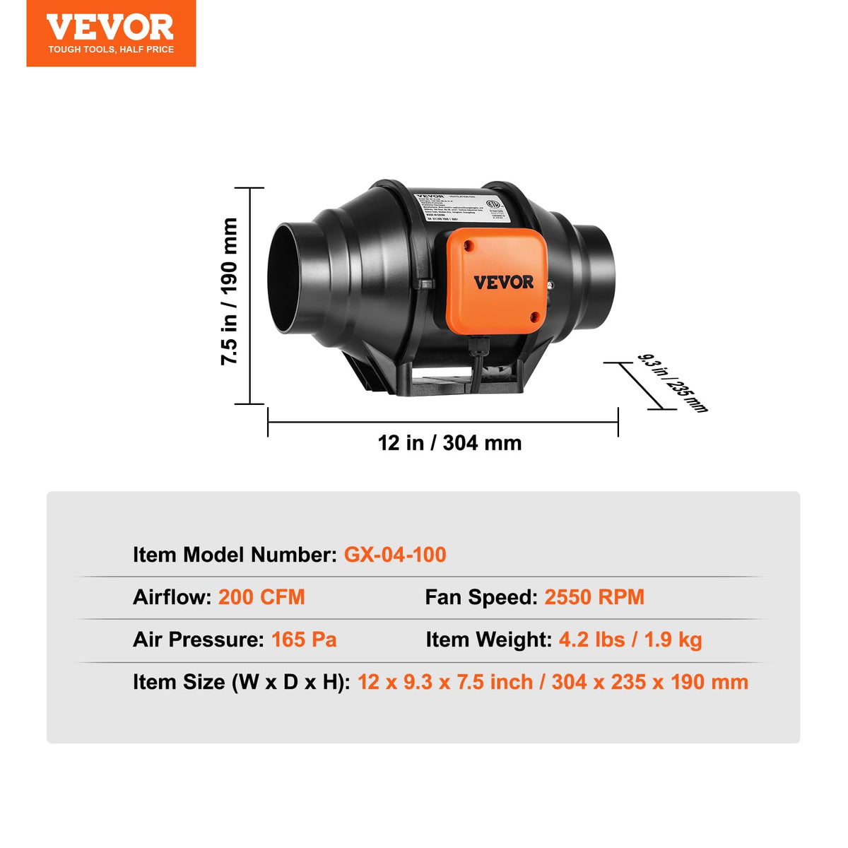VEVOR inline duct fan 200CFM confirms strong airflow for hydroponics and tents.