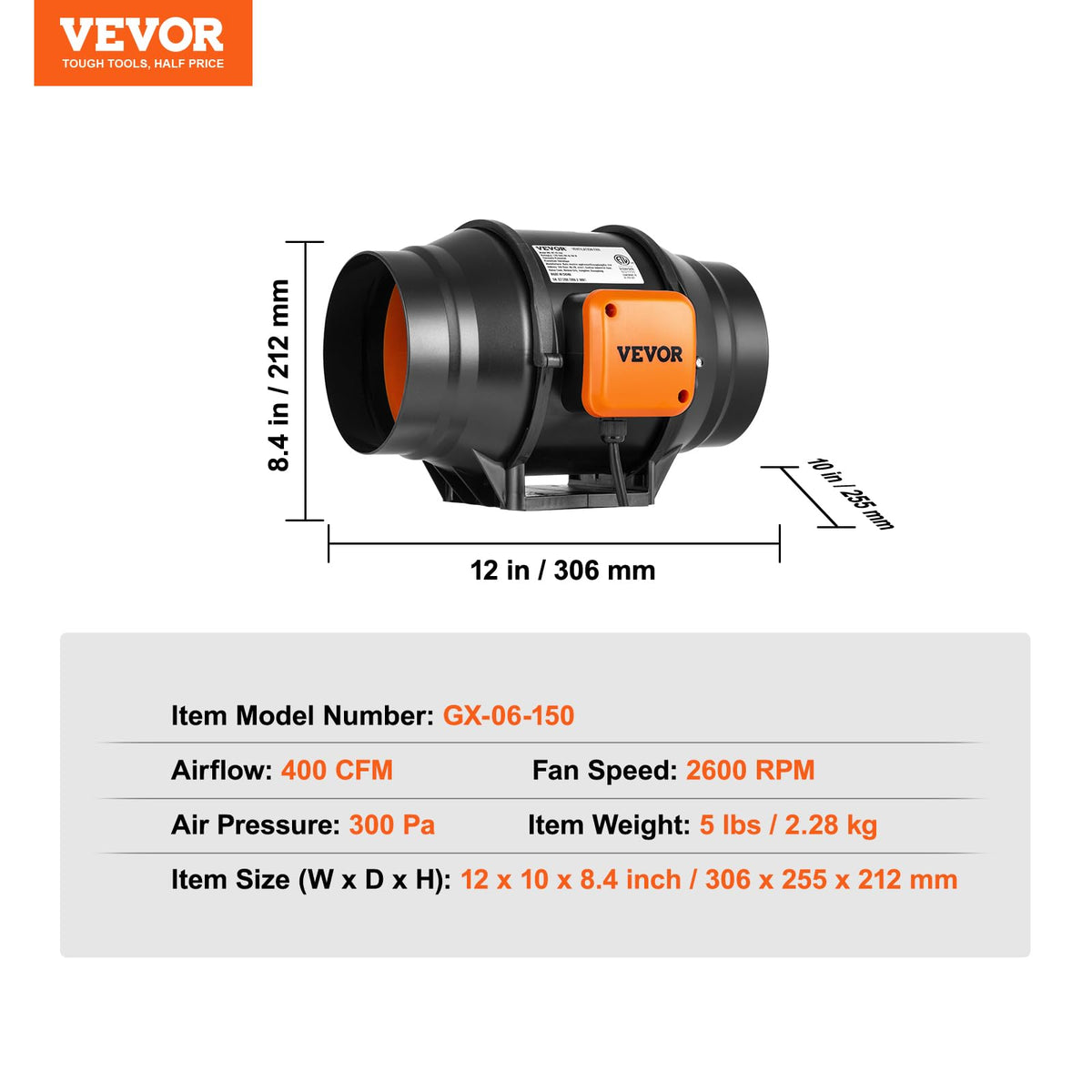 VEVOR inline duct fan 6-inch design easy to wall-mount.