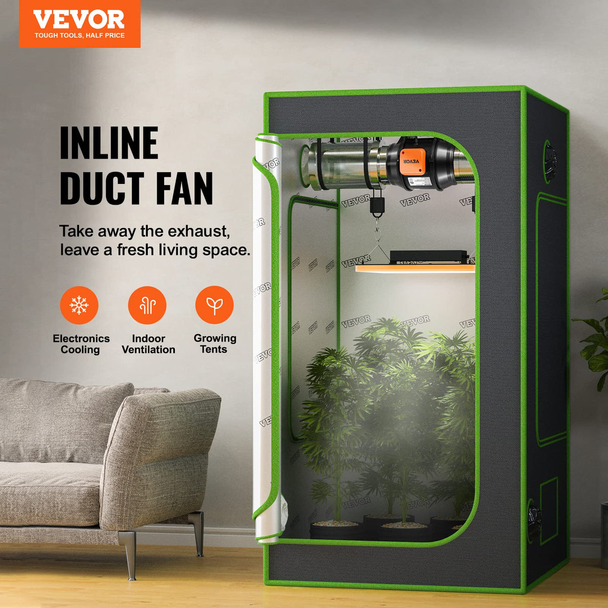 VEVOR inline duct fan with variable speed controller enables precise airflow management.