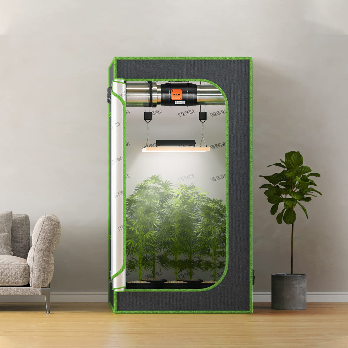 VEVOR fan in hydroponics room promoting air exchange.