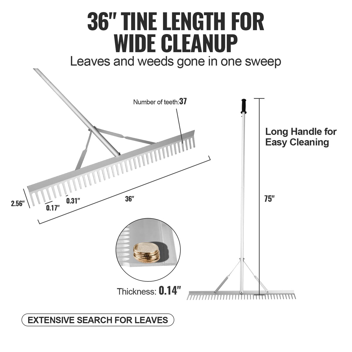 VEVOR lake weed rake shows 37 tines for quick removal of leaves and debris.