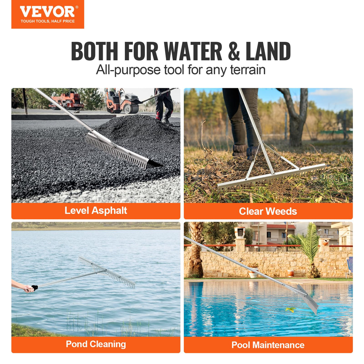 VEVOR landscape rake 75-inch handle extends reach for large lawns and lake cleanup.