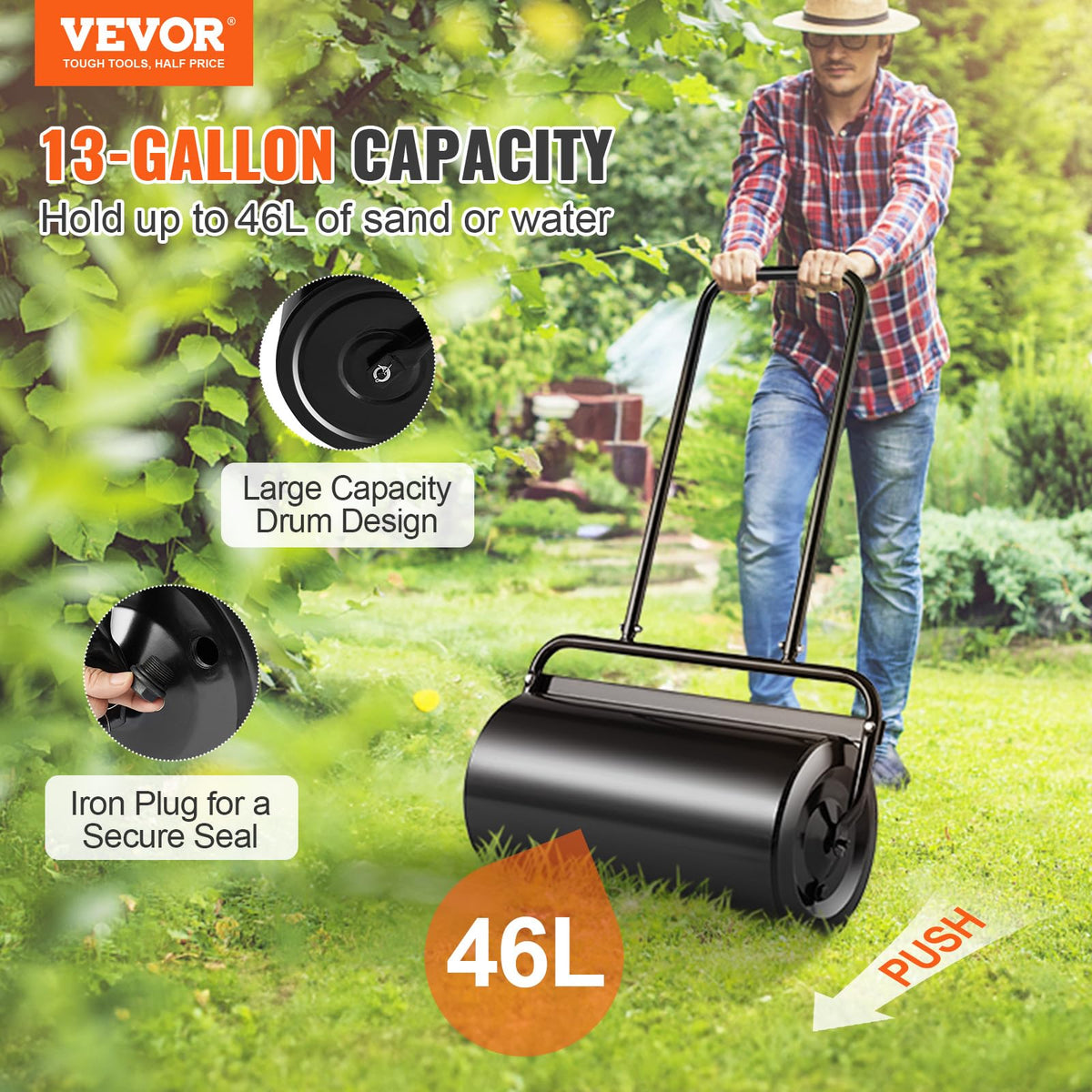 VEVOR lawn roller filled with sand or water demonstrates sturdy construction.
