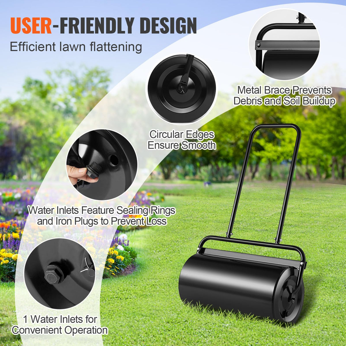 VEVOR lawn roller's U-shaped handle enables smooth push and pull.