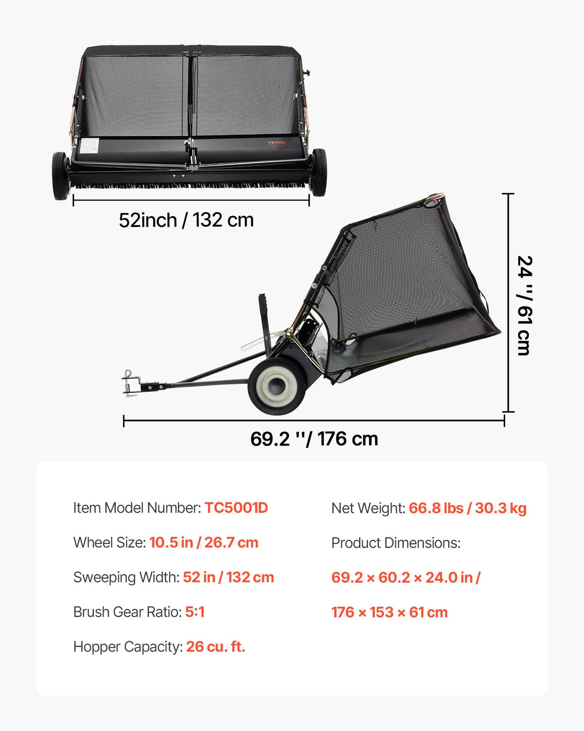 VEVOR lawn sweeper tackling leaves, pine needles, and twigs