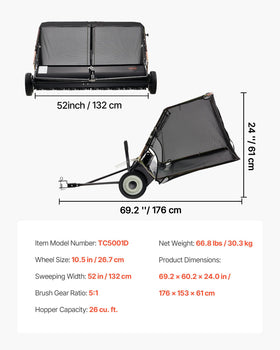 VEVOR lawn sweeper tackling leaves, pine needles, and twigs
