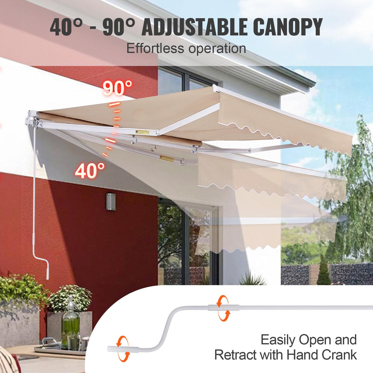 Hand crank operation showing easy angle adjustment of the canopy