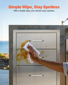 VEVOR outdoor kitchen drawer interior view emphasizes dry, seamless construction.