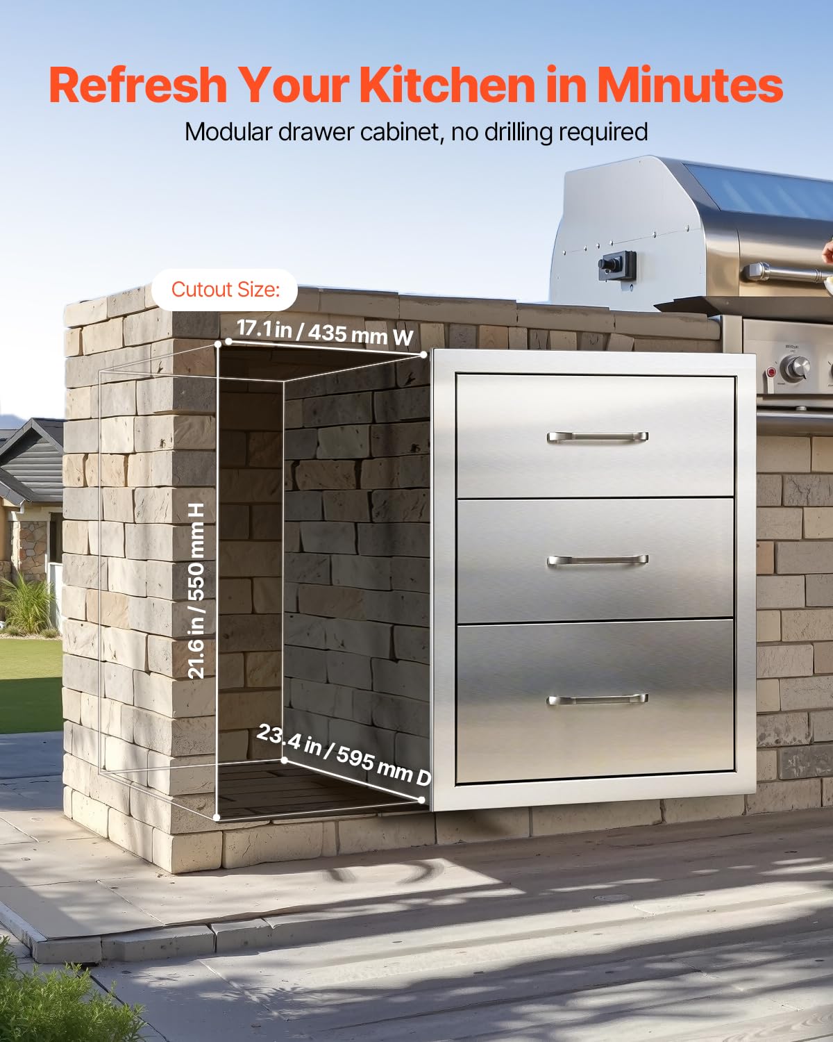 VEVOR outdoor kitchen drawer open drawer 3 illustrates secure 44 lb per-drawer capacity.