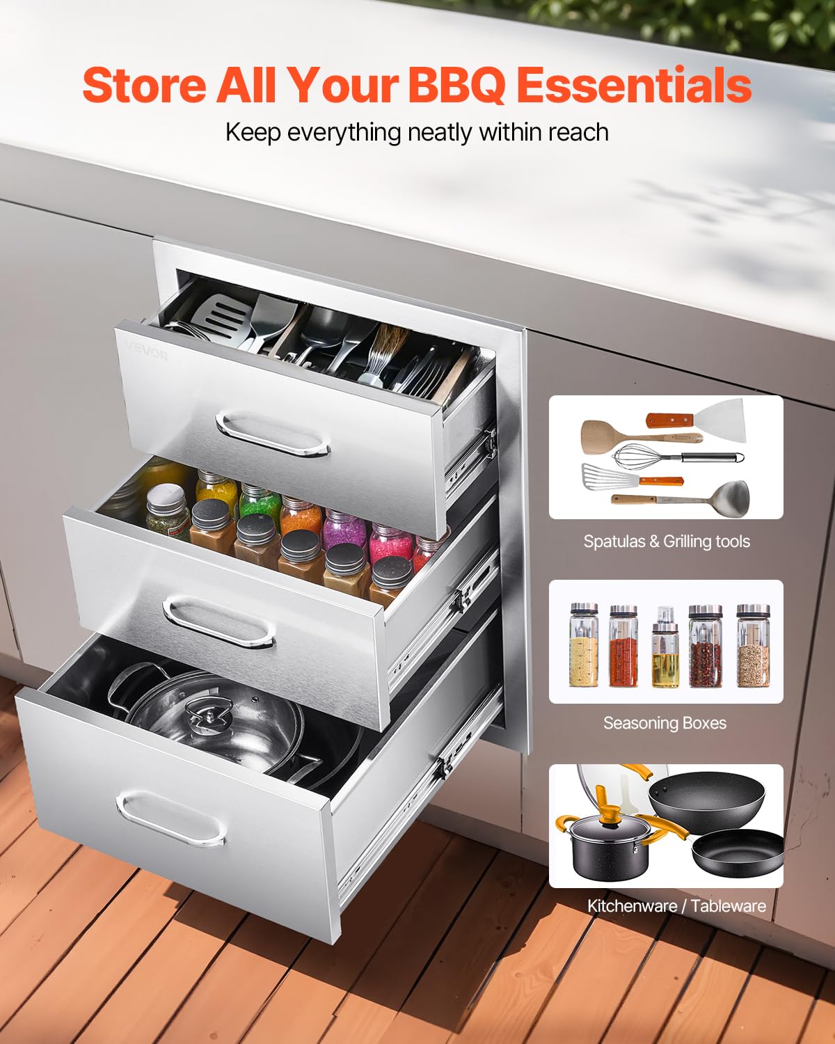 VEVOR outdoor kitchen drawer side view highlights weather-ready cabinet design for all-season use.
