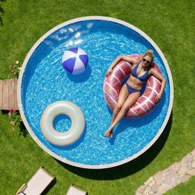 VEVOR outdoor scene shows a finished pool with a polished liner edge.