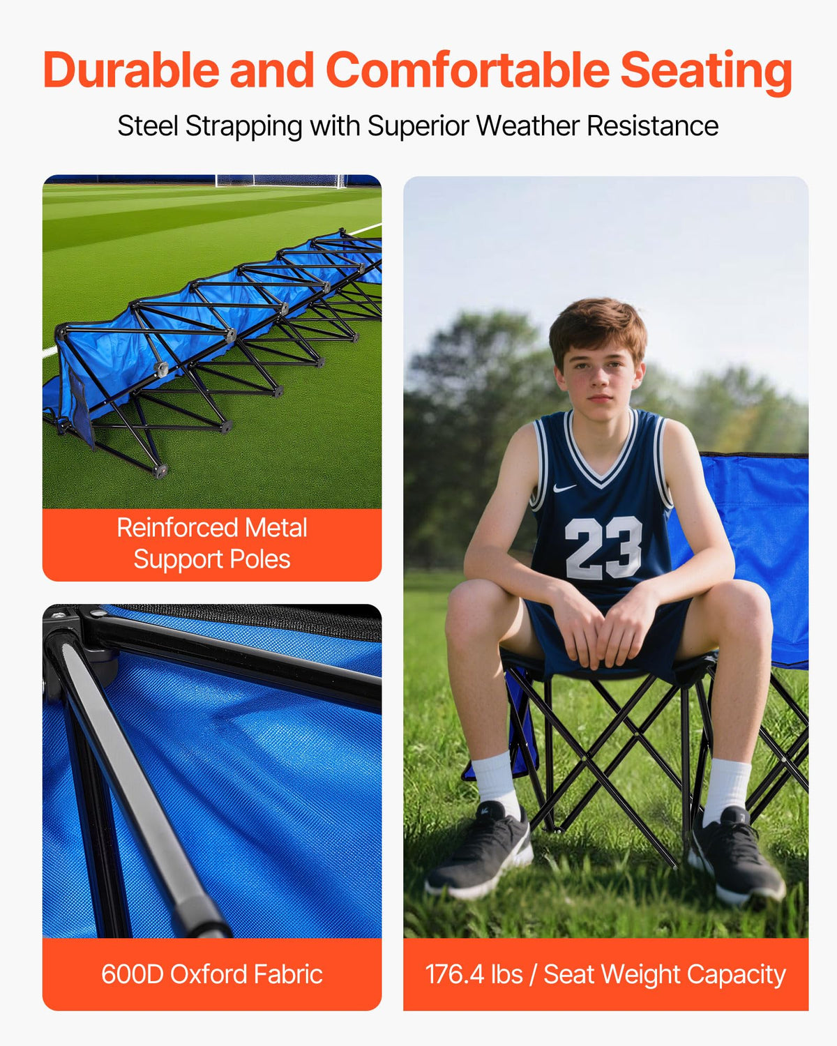 VEVOR blue backrest providing comfortable support during long events.