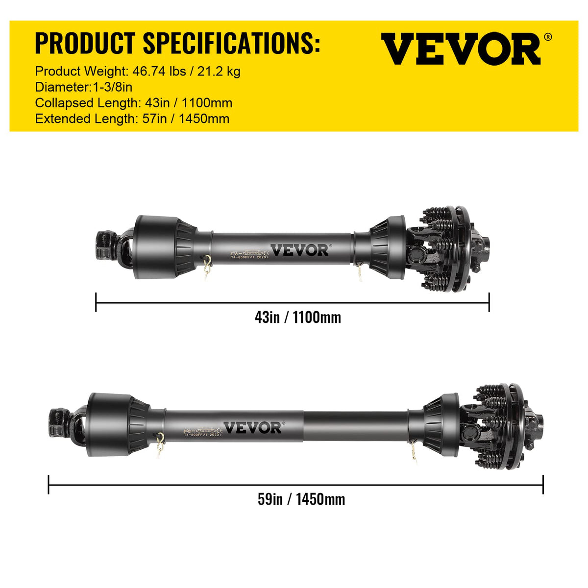 VEVOR adjustable PTO shaft showing 540 and 1000 rpm torque ranges