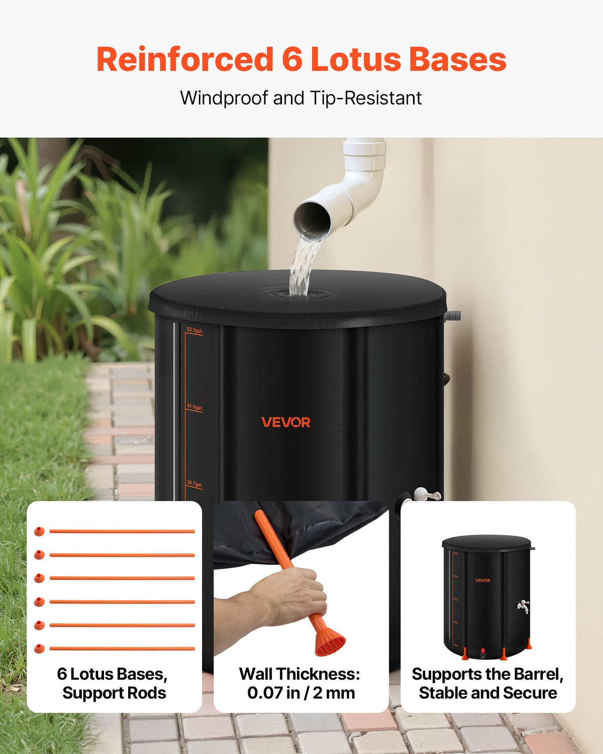 VEVOR rain barrel lotus base provides stable setup in wind and rain.