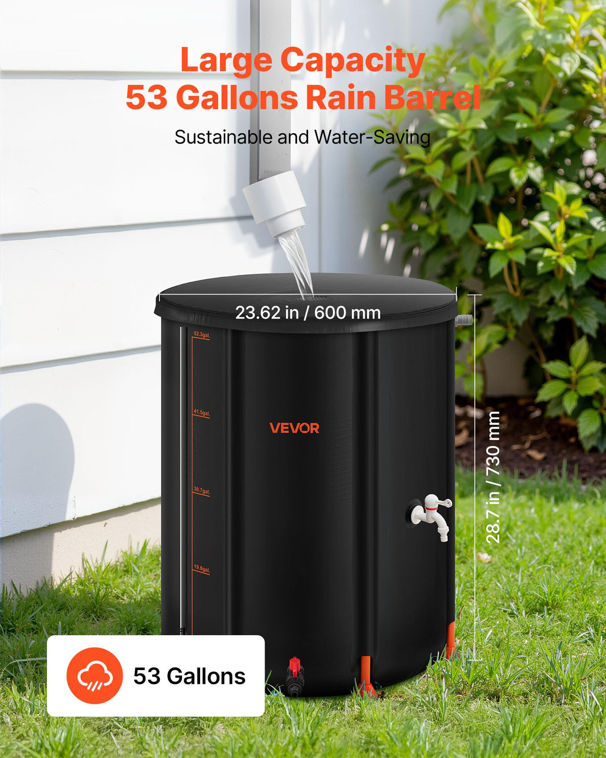 VEVOR rain barrel features three pre-installed outlets for quick access.